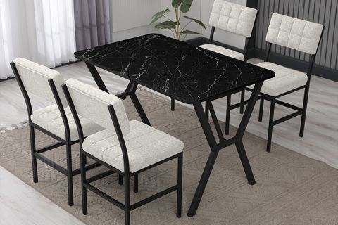 NOVA MUTFAK MASA TAKIMI, 4 SANDALYE, SİYAH, 110X70 CM, KREM