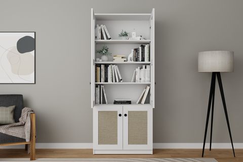 LİSA KUMAŞ DESENLİ VİTRİN ÇOK AMAÇLI DOLAP, 4 KAPAKLI, BEYAZ