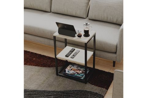 LİNA METAL AYAKLI AHŞAP RAFLI YAN SEHPA, TAŞ GRİ