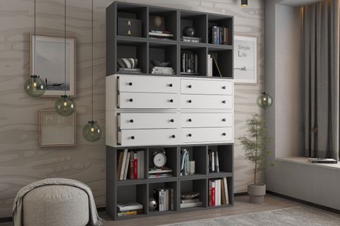 LİNEA ANTRASİT BEYAZ ÇOK AMAÇLI ÇEKMECELİ BÖLMELİ KİTAPLIK NRG KTP 1120