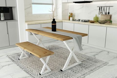 WOODESK ÇINAR MASİF BANKLI YEMEK MASASI TAKIMI, NATURAL RENK, 140X70, CPT7680-140