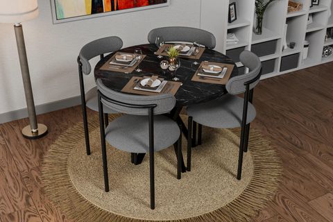 DİCLE YUVARLAK MDF SİYAH MUTFAK MASASI TAKIMI, GRİ