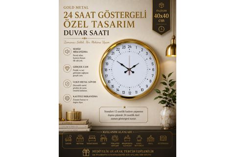 GOLD METAL 24 SAAT GÖSTERGELİ ÖZEL TASARIM DUVAR SAATİ 40 CM