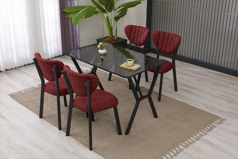 ELİS MUTFAK MASA TAKIMI, 4 SANDALYE, SİYAH, 110X70 CM, BORDO