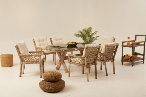 PİRUS RATTAN BAHÇE MASA TAKIMI, 6 KİŞİLİK, BEJ