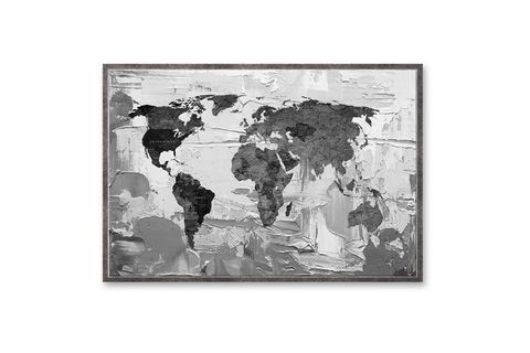 ÇERÇEVELİ BLACK WHİTE WORLD MAP YAĞLI BOYA DOKULU TABLO,