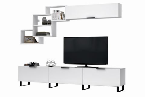 LOSTA TV ÜNİTESİ, METAL AYAKLI, BEYAZ, 210 CM