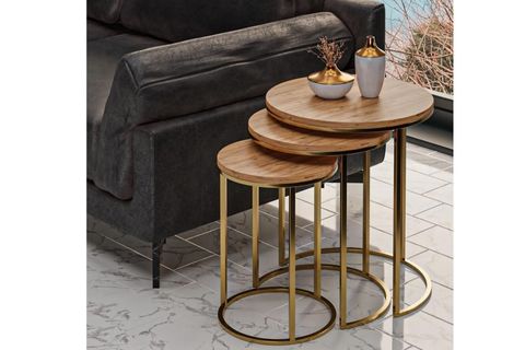 TUBİHOME ZİGON SEHPA TAKIMI, GOLD AYAK AÇIK AHŞAP