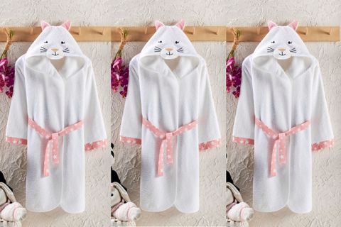 KAPÜŞONLU PAMUK ÇOCUK & BEBEK BORNOZU, KEDİ, BEYAZ, 3-4 YAŞ