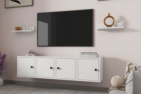 LERON MODÜLER DUVARA MONTE 4 KAPAKLI TV ÜNİTESİ 2 YÜZER RAF SALON