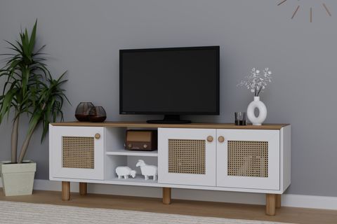 BOHEM SERİSİ NATURA PVC HASIR DESEN TV ÜNİTESİ, GARDEN MEŞE BEYAZ