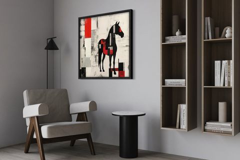 AHŞAP TRAVERTEN DOKULU SOYUT TABLO, BLACK RED HORSE