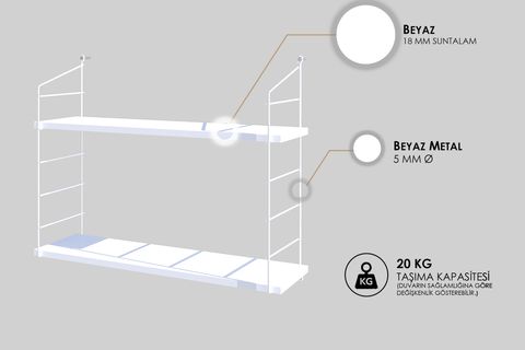 ARMONİ RAF SETİ 2 RAFLI METAL BEYAZ AHŞAP BEYAZ