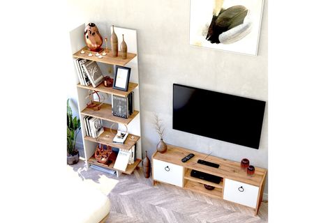 MONİ TV ÜNİTESİ VE KİTAPLIK SETİ, BEYAZ KAPAKLI