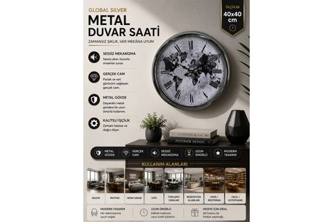 GLOBAL SİLVER METAL DUVAR SAATİ 40 CM