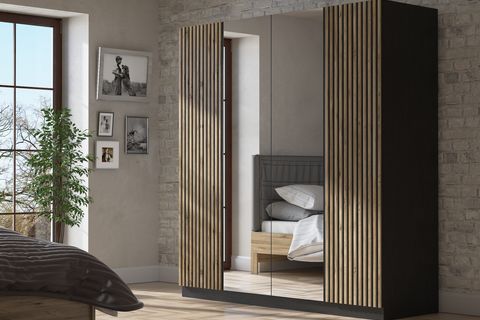 NOVA ZEBRA KAPAK AYNALI GARDIROP, SİYAH ATLANTİK ÇAM, 4 KAPAKLI