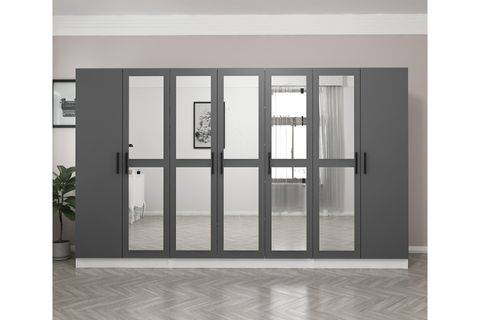 MİNAR KALE 7 KAPAKLI 5 AYNALI 2 ÇEKMECELİ DOLAP BEYAZ ANTRASİT 210CM