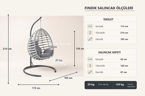 FINDIK TEKLİ RATTAN BAHÇE VE BALKON SALINCAĞI, GRİ
