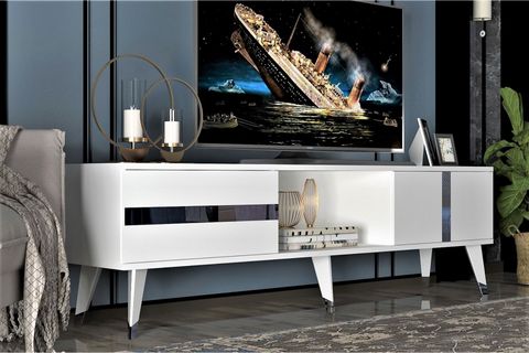 VANİA TV SEHPASI, 2 KAPAKLI RAFLI, BEYAZ GÜMÜŞ