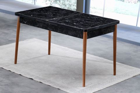 LAJMİX SİYAH MERMER AÇILIR MUTFAK MASA TAKIMI, 4 SANDALYE+PUF, SİYAH, 130X80