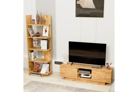 DORA TV SEHPASI VE ASİMETRİK BEŞ RAFLI KİTAPLIK, ÇAM