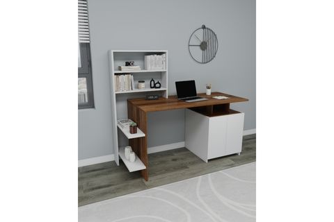 MELİS DOLAPLI RAFLI GENİŞ ÇALIŞMA BİLGİSAYAR MASASI, BEYAZ CEVİZ