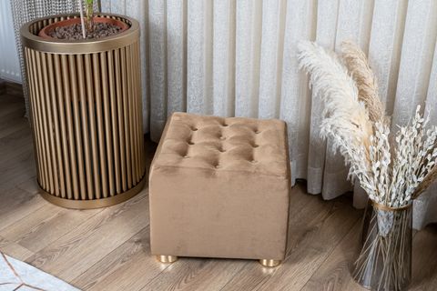 PREMİUM DÜĞMELİ KADİFE PUF, AÇIK KAHVE, GOLD AYAK