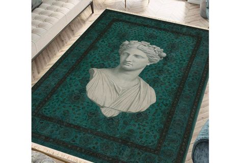 ZÜMRÜT YEŞİLİ MİTOLOJİK BÜST TASARIMLI ESKİTME DEKORATİF DOKUMA TABAN HALI, 333 YNG, 60X120 CM