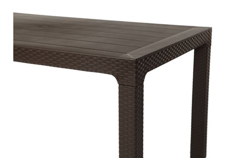 ARIZONA 90X150 CAMSIZ MASA VE ORLANDO RATTAN PLASTİK BAHÇE OTURMA TAKIMI, 6 KİŞİLİK, KAHVE