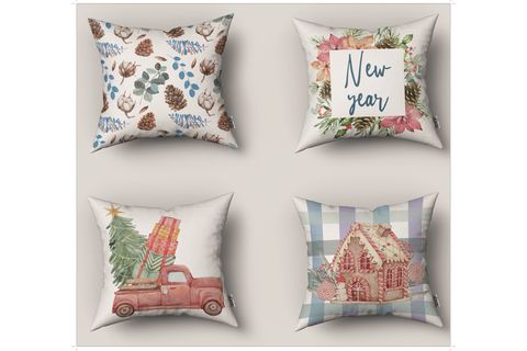 MAVİ ÇİÇEK ARABA YAPRAK DESENLİ YILBAŞI SERİSİ DİJİTAL BASKILI DÖRTLÜ KIRLENT KILIFI