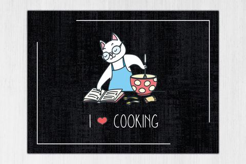 KARNAVAL KEDİ DESENLİ İ LOVE COOKİNG SLOGANLI MODERN DEKORATİF MUTFAK HALISI, SİYAH, 50X80