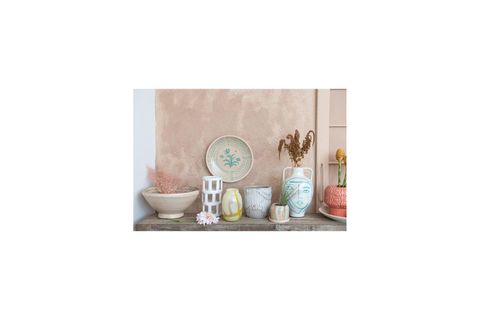 BEYAZ MAVİ TURKUAZ SOYUT YÜZ TERRACOTTA VAZO BOHO