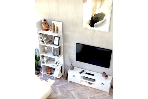 MONİ TV ÜNİTESİ VE KİTAPLIK SETİ, BEYAZ