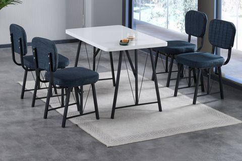 LAJMY BEYAZ SABİT MUTFAK MASA TAKIMI, 4 SANDALYE, LACİVERT, 70X110