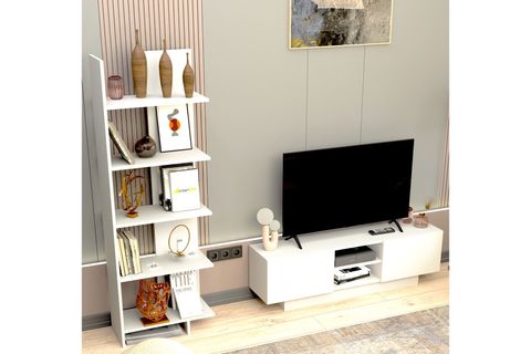 DORA TV SEHPASI VE ASİMETRİK BEŞ RAFLI KİTAPLIK, BEYAZ