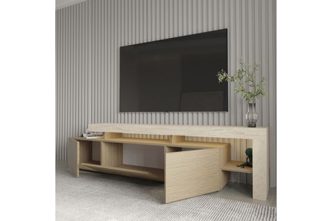 BELİZ LED IŞIKLI TV SEHPASI, TRAVERTEN/SICAK MEŞE