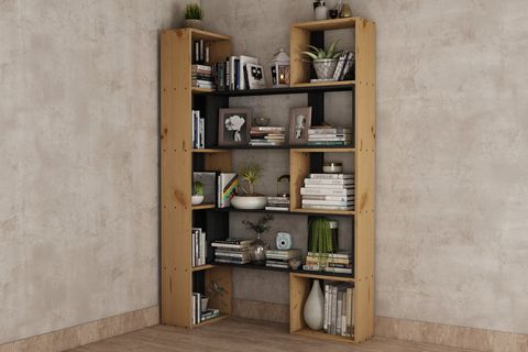 WOODESK DUBLİN MASİF AHŞAP KİTAPLIK, NATURAL-SİYAH RENK, 190X200 CM