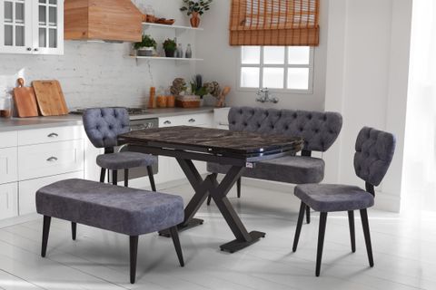 GREYLAND 2 SİYAH MERMER DESENLİ MUTFAK MASASI TAKIMI 130-190CM