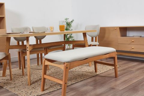 MOON BENCHLİ İSKANDİNAV MASA TAKIMI, 4 SANDALYELİ, KREM, 180X90