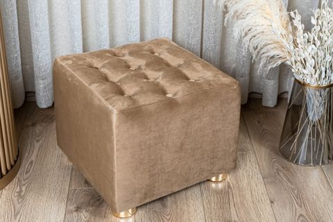 PREMİUM DÜĞMELİ KADİFE PUF, AÇIK KAHVE, GOLD AYAK
