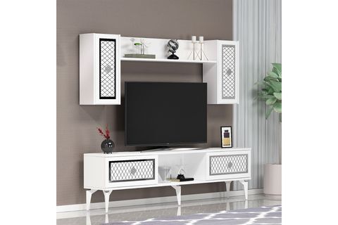 HERRY TV ÜNİTESİ, 4 KAPAKLI 2 RAFLI, BEYAZ GÜMÜŞ