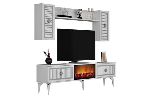 FLAME ŞÖMİNELİ TV ÜNİTESİ TAKIMI, BEYAZ GÜMÜŞ