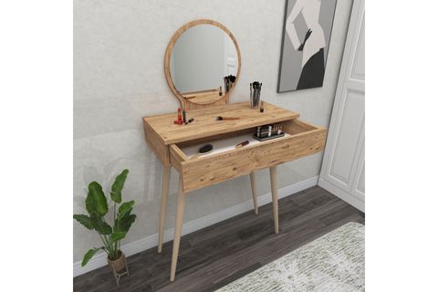 ARNETTİ SİENA ÇEKMECELİ AHŞAP AYAKLI AYNALI MAKYAJ MASASI, ATLANTİK ÇAM - SİENA