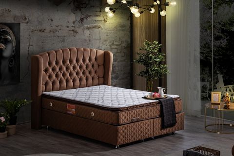 NİCE BAZA BAŞLIK VE REAL PEDLİ YATAK SETİ, AÇIK KAHVERENGİ, 150X200