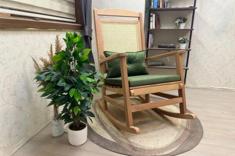 ASEDİA VERANDA HASIRLI MİNDERLİ SALLANAN SANDALYE, YEŞİL, NATUREL AYAK
