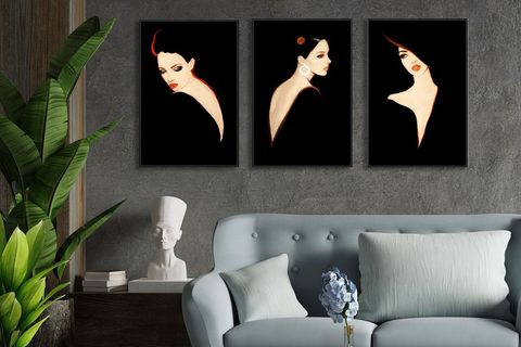 KIRMIZI SİYAH KADIN AKRİLİK ÜÇLÜ TABLO SETİ, 80X120