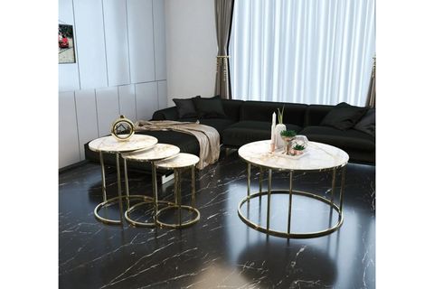 TUBİHOME BEYAZ MERMER DESEN SEHPA TAKIMI, GOLD