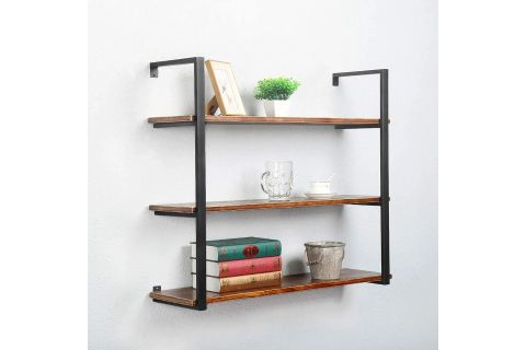 TASNİA SİYAH METAL AHŞAP DUVAR RAFI 90 CM 3 KATLI