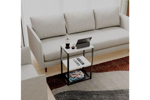 LİNA METAL AYAKLI AHŞAP RAFLI YAN SEHPA, BEYAZ