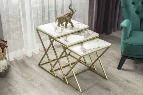 VENEDİK ZİGON SEHPA, METALAYAKLI, GOLD MERMER